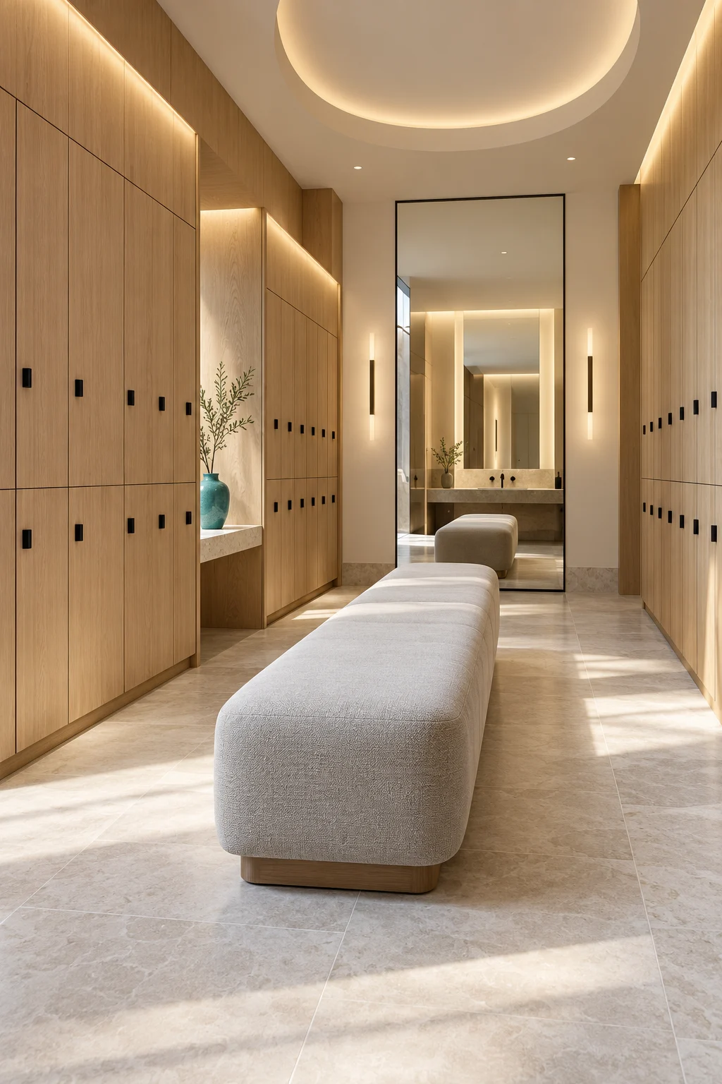 Concepto de vestuario con taquillas de madera y banco central